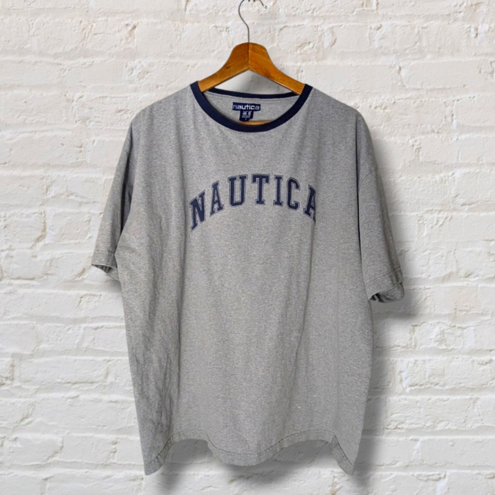 Vintage 90s Nautica Spelled Out Ringer Classic Made In USA T-shirt Size L